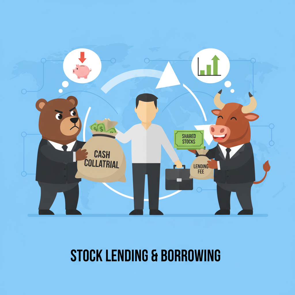 A flat illustration representing the concept of stock lending and borrowing in a stock market context. On the left, a frustrated bear (seller) is handing a bag of money labeled 'Reverse Daily Interest' to a bull (buyer). In the background, a calendar shows 2026 with warning signs on specific dates. The style is modern, clean, and suitable for a financial blog header.