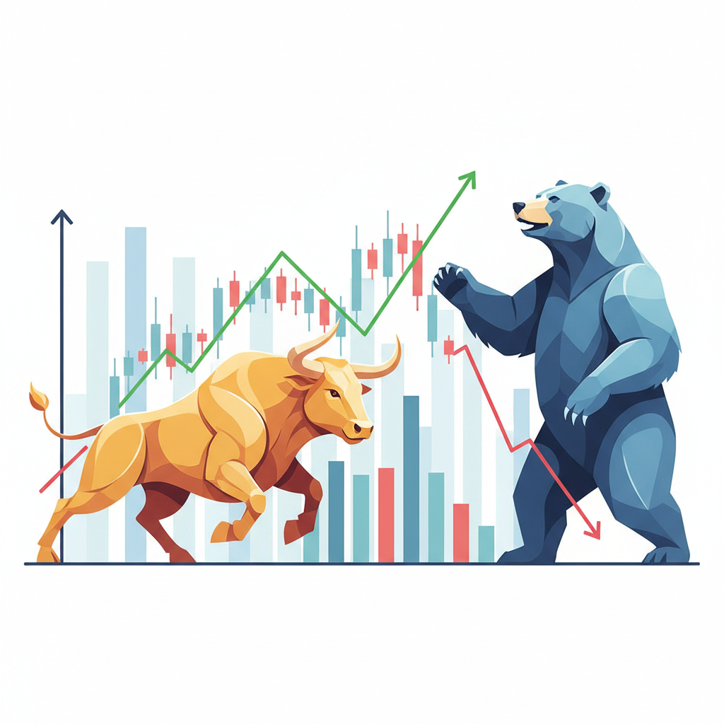 株式市場の強気相場（ブルマーケット）と弱気相場（ベアマーケット）を象徴する、雄牛と熊が対峙している抽象的なイラスト。背景には株価チャートが描かれている。