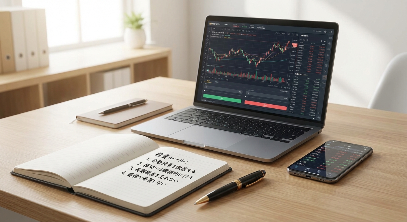 デスクの上に投資ルールが書かれたノートとペン、株価チャートが表示されたパソコンとスマートフォンが置かれている様子