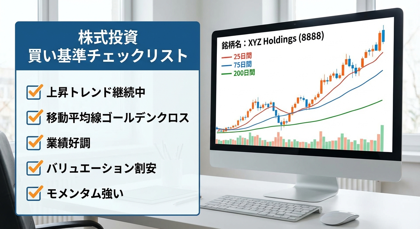 株式投資の買い基準を示すチェックリストと上昇トレンドの株価チャート、移動平均線が表示されたモニター画面