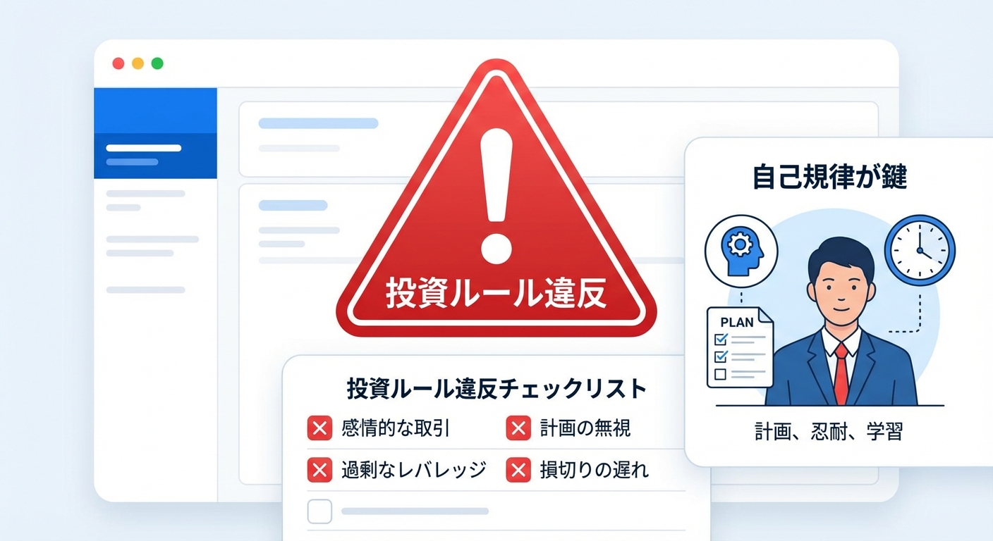 赤い警告マークと投資ルール違反を示すチェックリスト、自己規律の重要性を表現するイメージ
