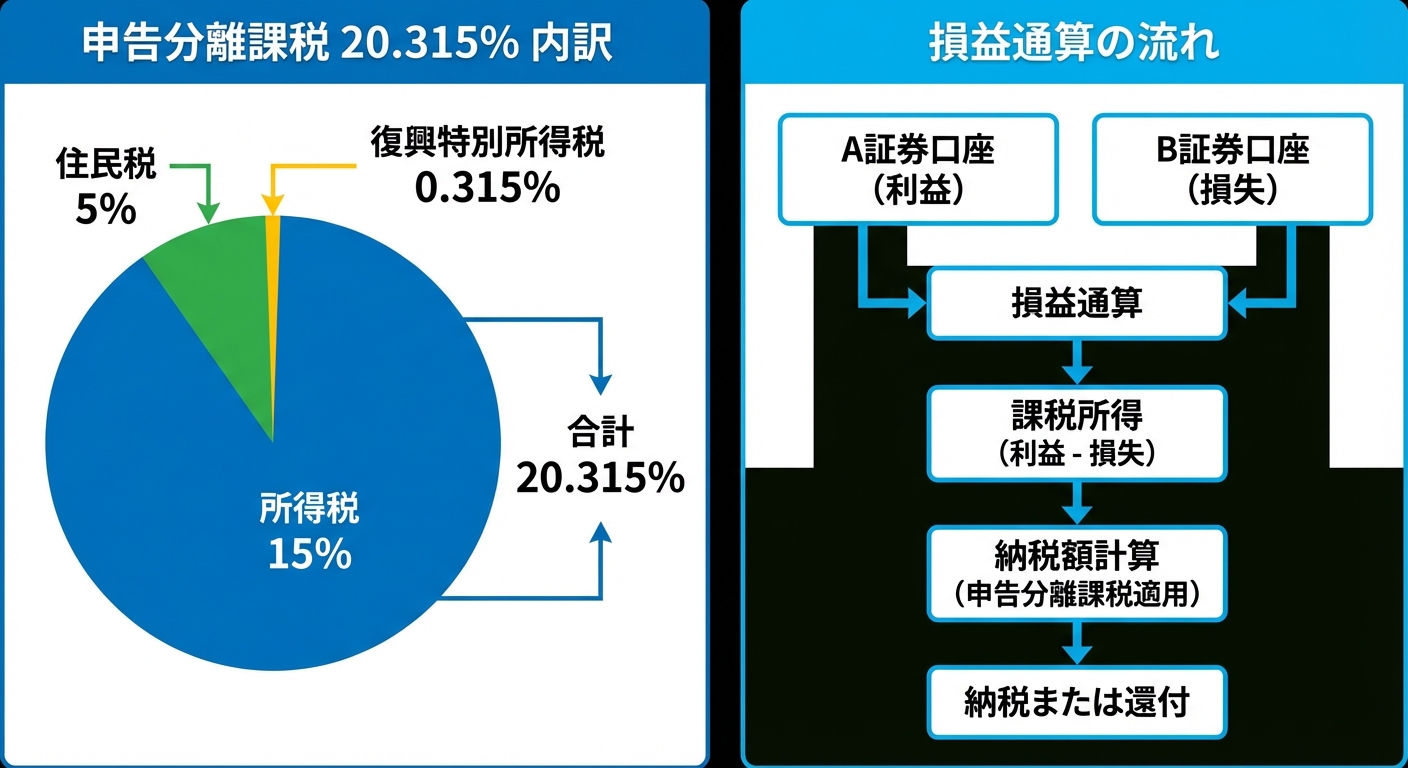 日本の株式税制の仕組みを表す図表：申告分離課税20.315%の内訳と損益通算の流れ