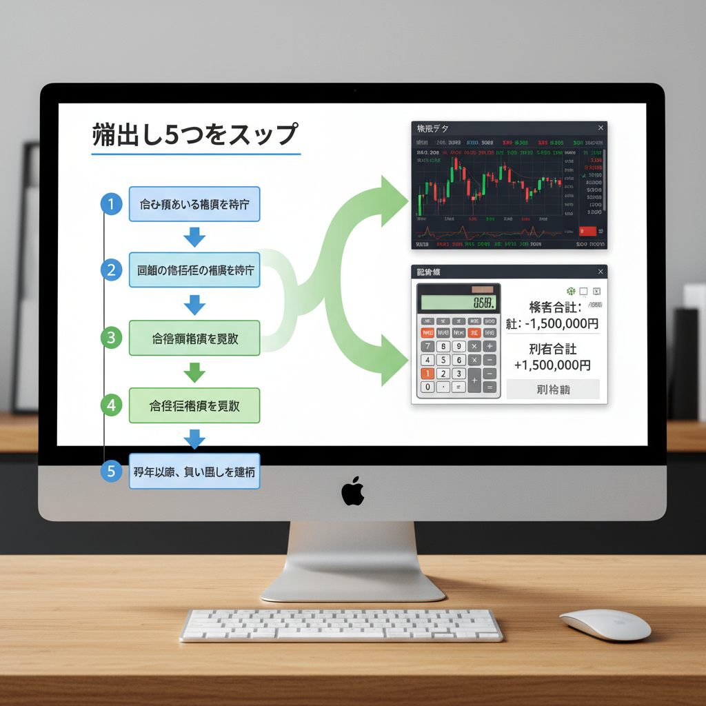 損出しの5つのステップを示すフローチャート、パソコン画面に株価データと計算機、段階的に進む矢印のイラスト