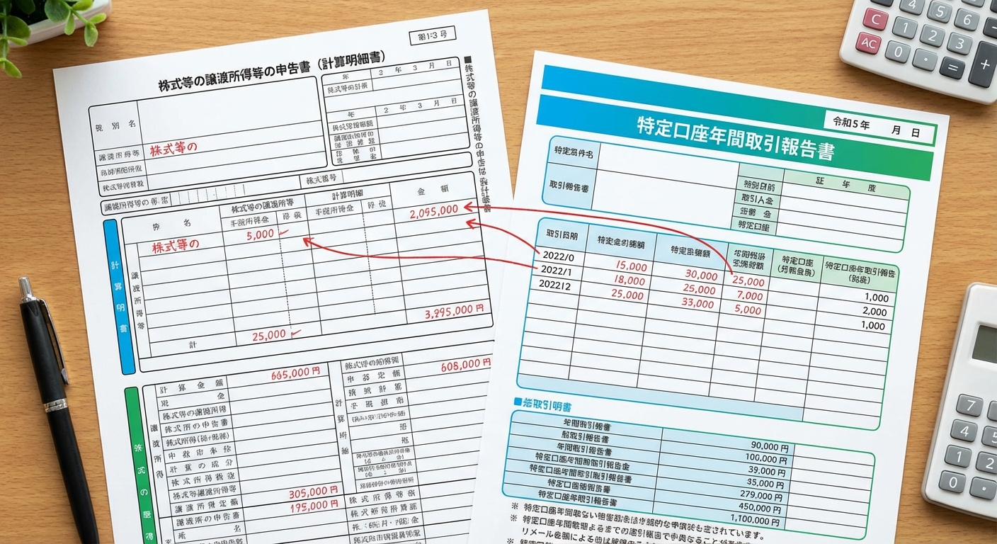 確定申告書類の記入例：株式等の譲渡所得計算明細書と特定口座年間取引報告書