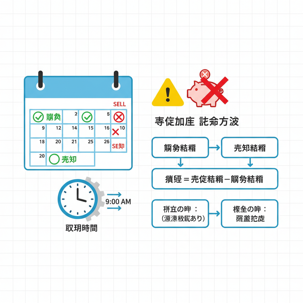 同一銘柄の売買タイミングを示すカレンダーと時計、注意マークと×印、特定口座の計算方法を表すイラスト