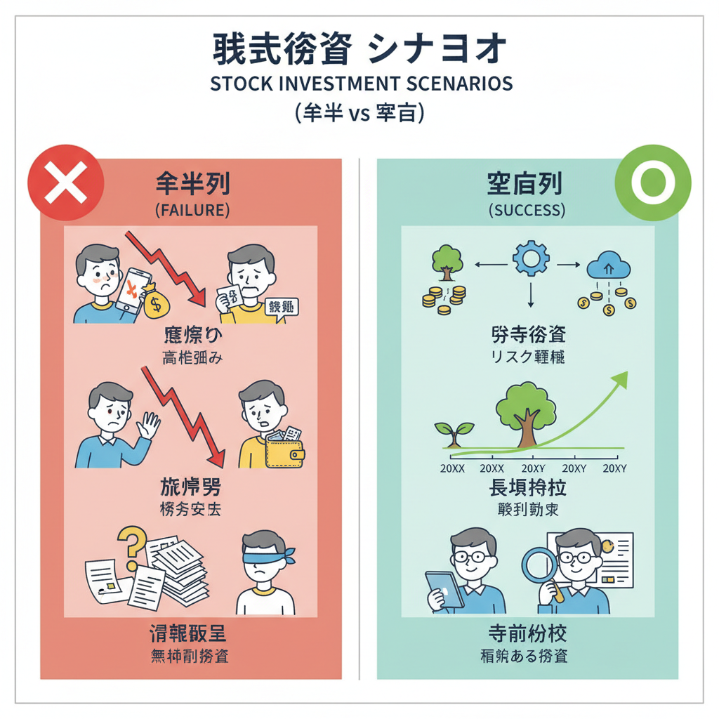 株式投資の失敗例と成功例を対比したイラスト、×マークと○マークで区別された投資シナリオの図